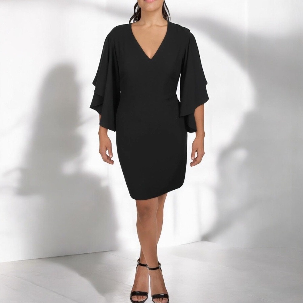 Lauren Ralph Lauren Black Flutter Sleeve V-Neck Sheath Dress Size 0 NWT